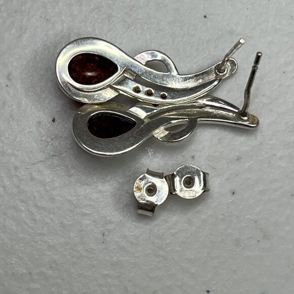 Sterling Silver 925 Cognac Baltic Amber Earrings With Cubic Zirconia Accents - Picture 9 of 11